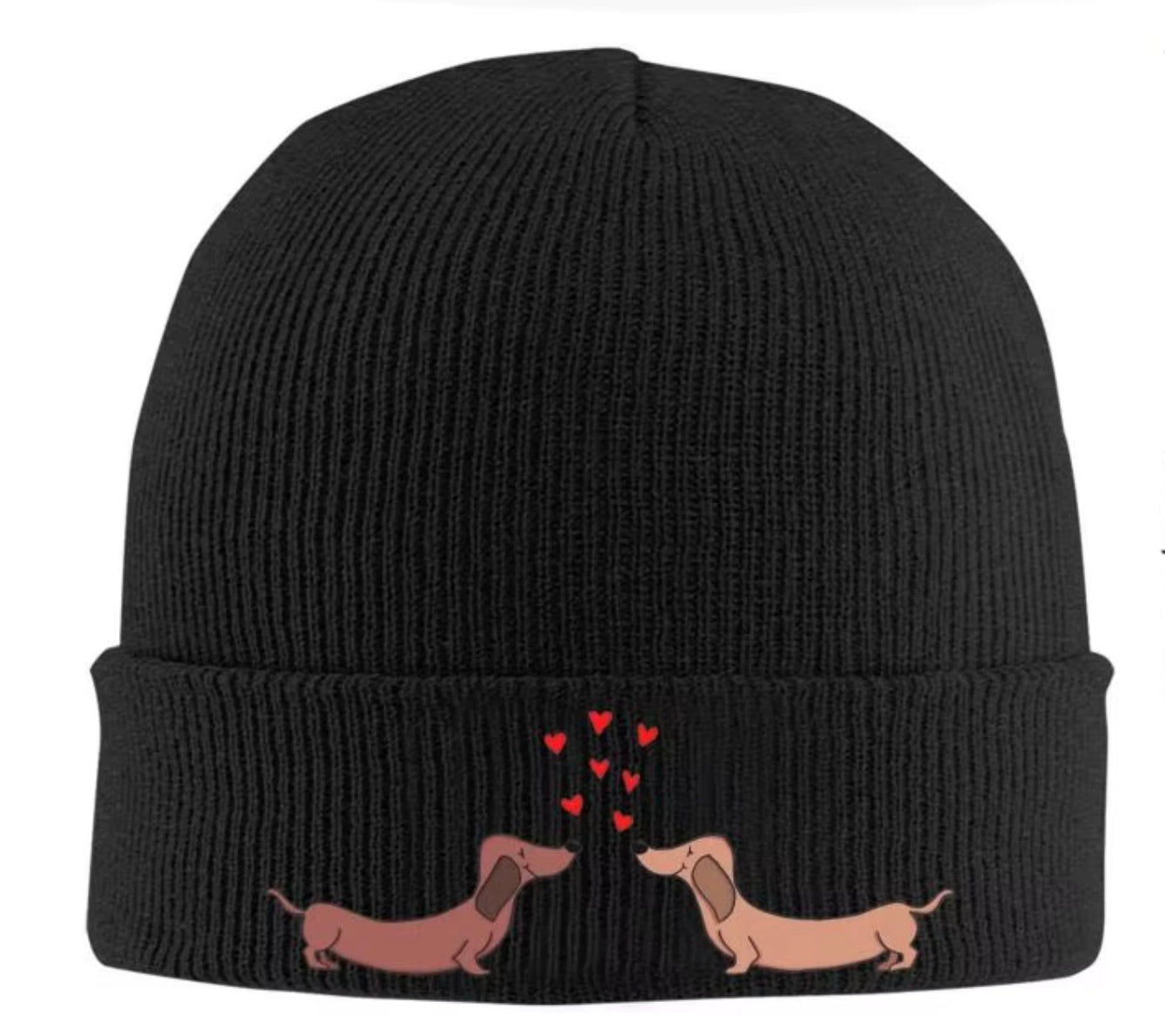 black Knit hat with dachshunds in love