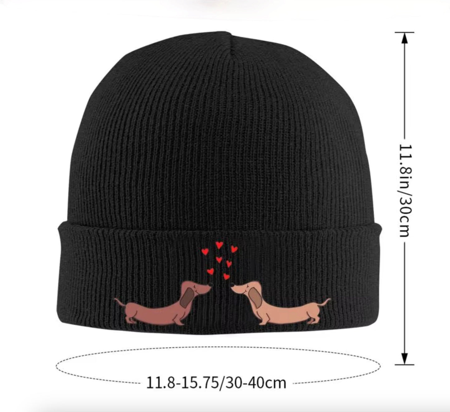 Knit hat with dachshunds in love showing hat measurements