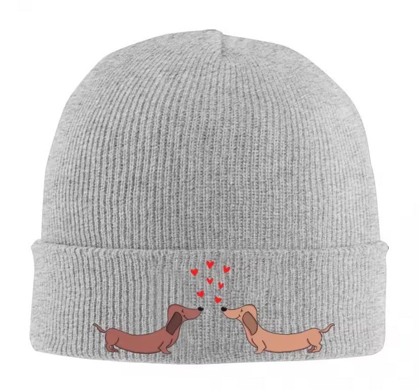 gray Knit hat with dachshunds in love
