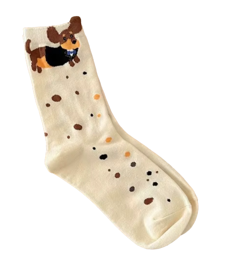 Beige sock with a dog illustration on a white background