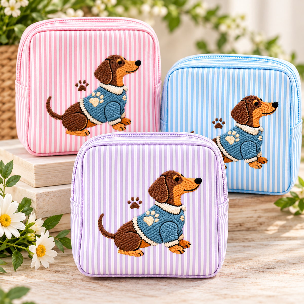 Striped Dachshund Cosmetic Bag