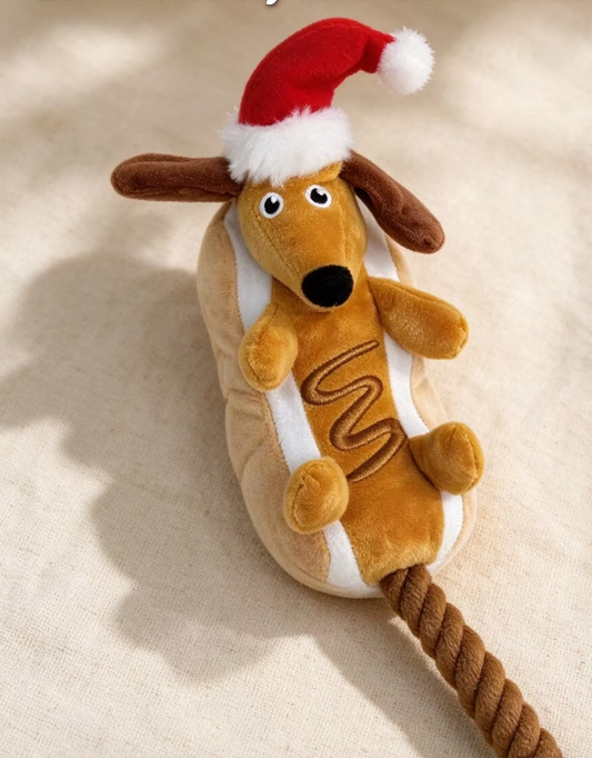 Holiday Hot Dog Squeaky Weenie Plush Dog Toy
