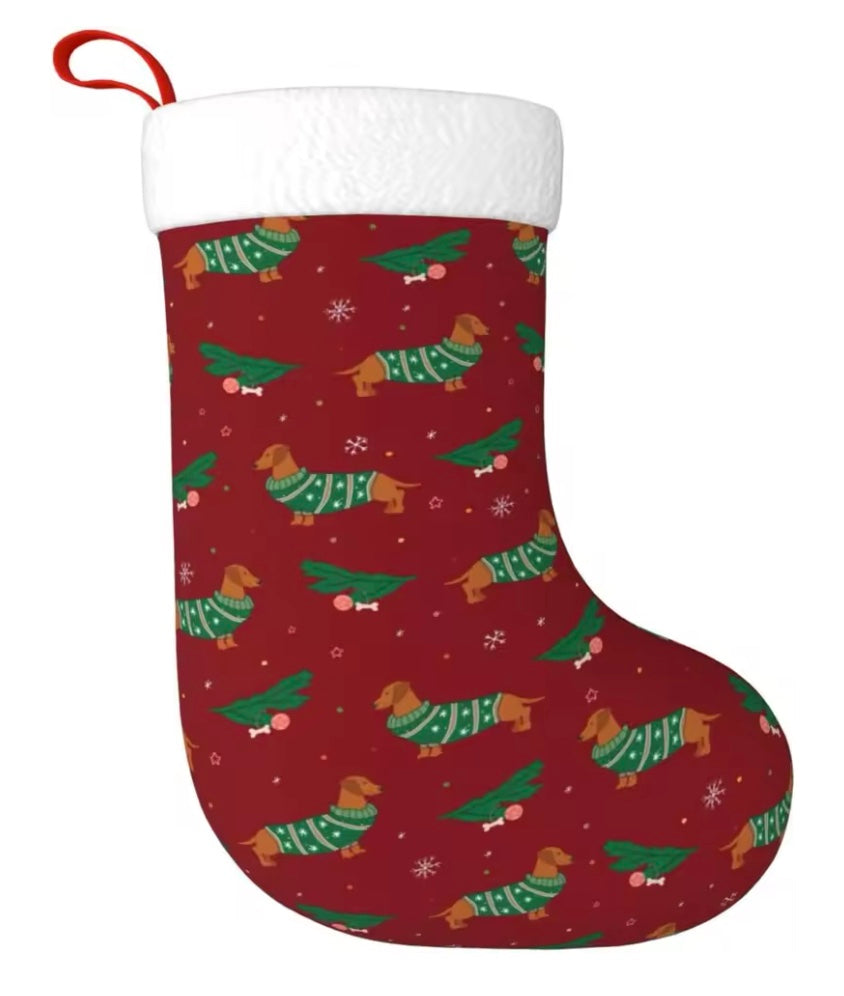 Red & Green Dachshund Print Stocking