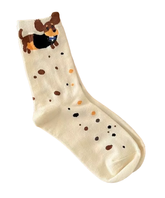 Beige sock with a dog illustration on a white background
