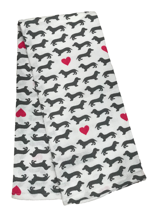 Pink Heart Dachshund Dish Towel