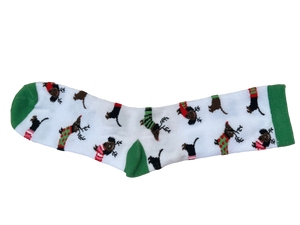 Ladies White Dachshund Crew Length Socks