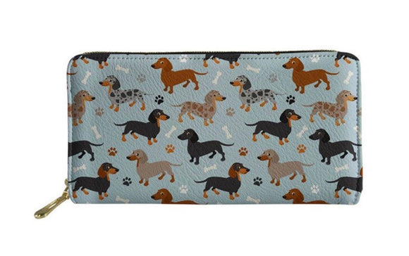 Dachshund Design Zippered Wallet -  Light Blue Dapple